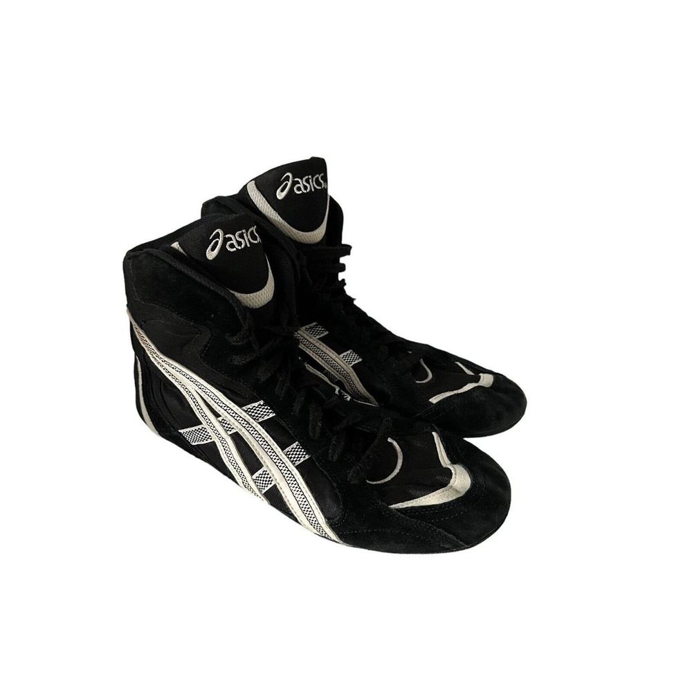red and black asics wrestling shoes